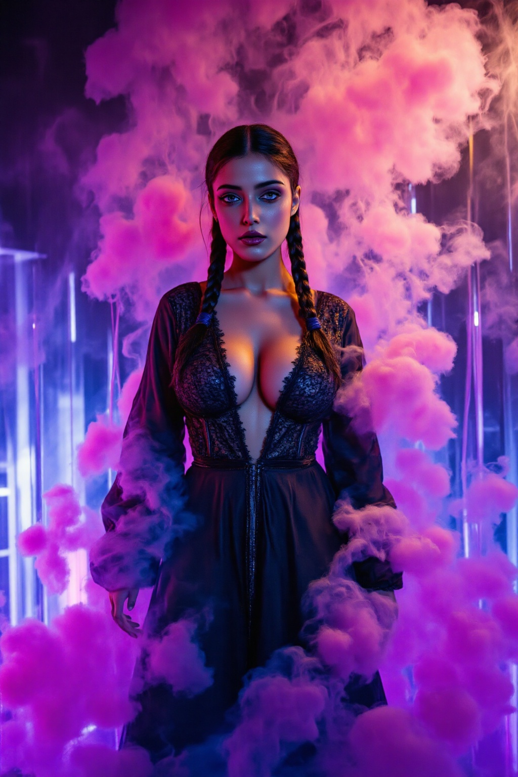 A mysterious young woman with a braided hairstyle stands poised amidst a dramatic haze of purple and beige smoke. Dark,  t...