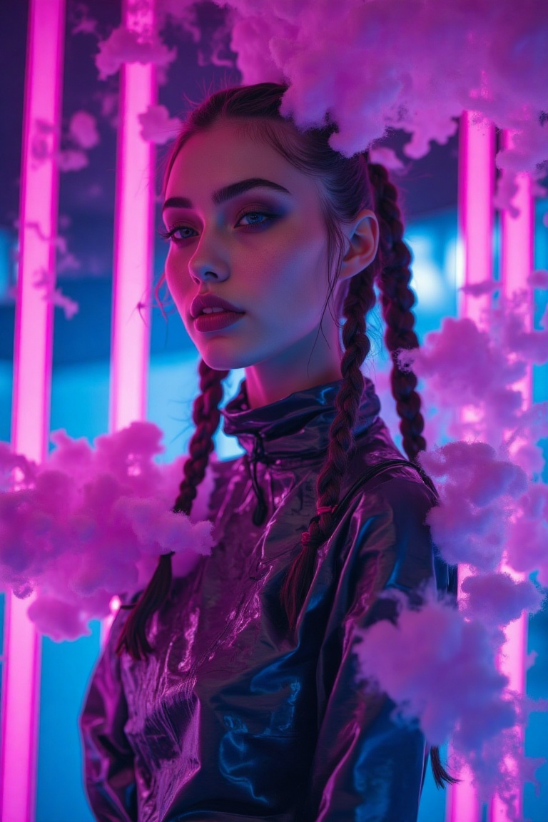 A captivating young woman,  adorned with a braided hairstyle,  stands amidst a dramatic haze of purple and beige smoke. Da...