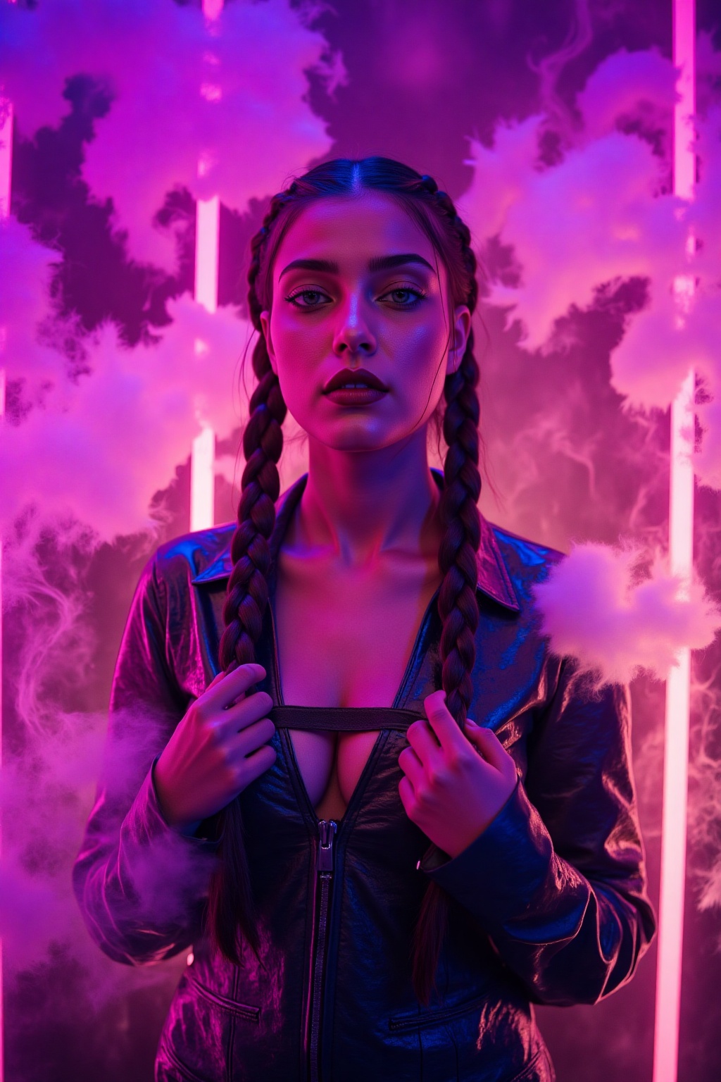 A captivating young woman,  adorned with a braided hairstyle,  stands amidst a dramatic haze of purple and beige smoke. Da...