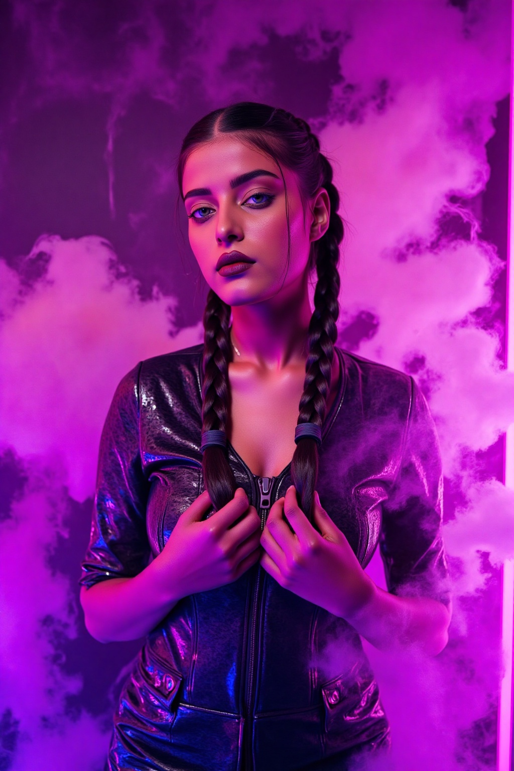 A captivating young woman,  adorned with a braided hairstyle,  stands amidst a dramatic haze of purple and beige smoke. Da...