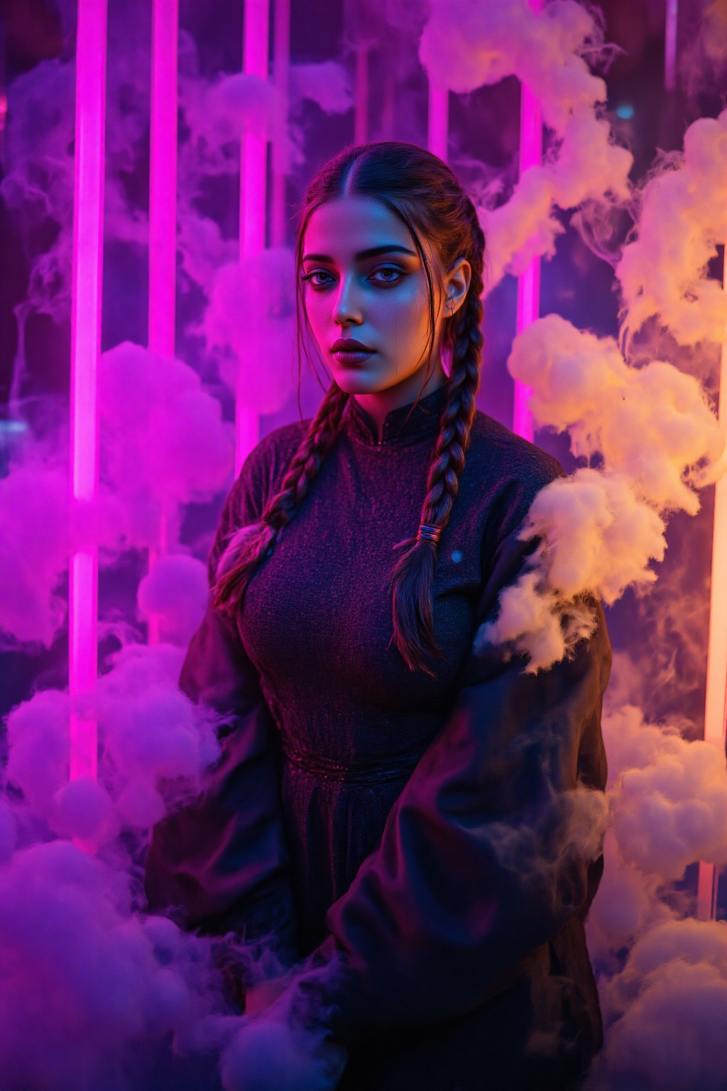 A mysterious young woman with a braided hairstyle stands poised amidst a dramatic haze of purple and beige smoke. Dark,  t...