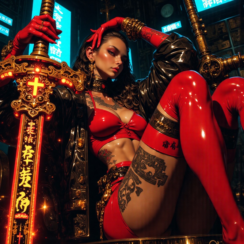 A cinematic photograph of a sultry cyberpunk mistress seated on a dark cult altar,  surrounded by neon lights and reflecti...