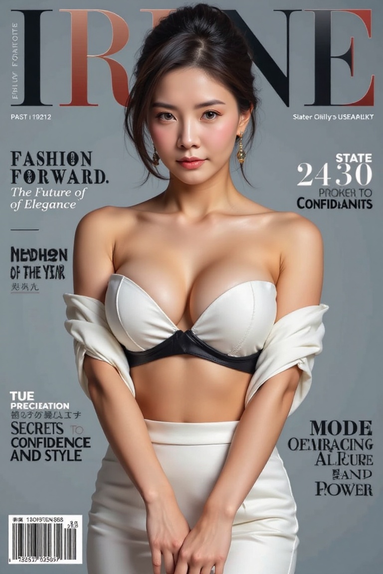 A stunning Japanese female model with an enhanced bust size dominates the magazine cover,  posing confidently against a ne...