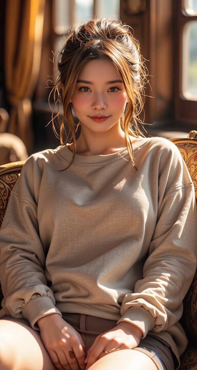 As the subject rests in the golden-lit space,  soft focus and cinematic lighting bathe her relaxed gaze. Her messy golden-...