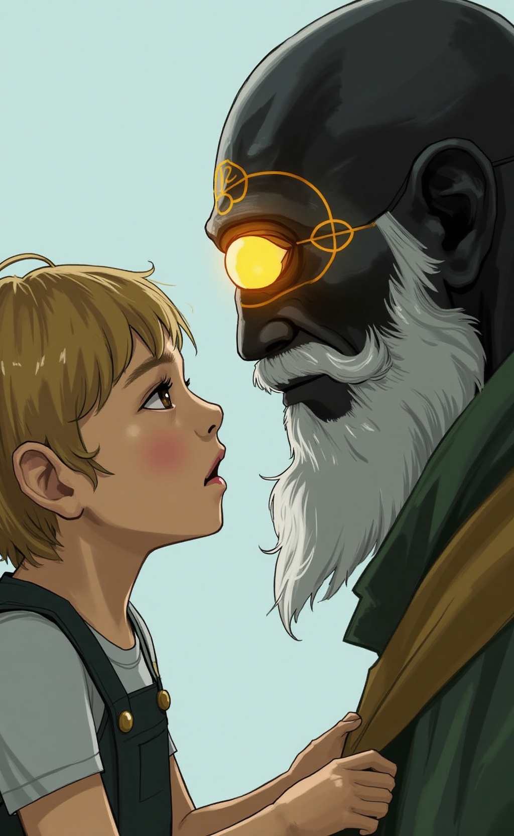 SagaStyle illustration. Close-up portrait. Two characters in profile staring at each other. The character in the left is a...