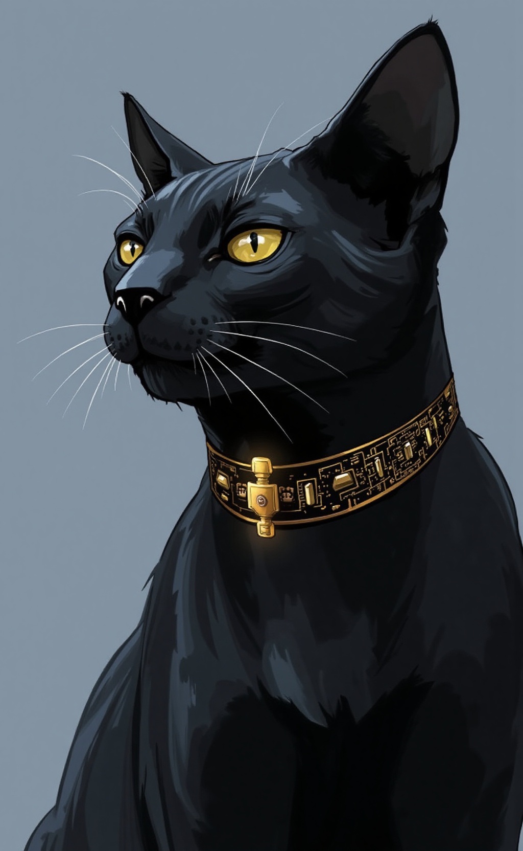 SagaStyle illustration. A black cat wearing a high tech collar with integrated circuits. on Tensor.Art