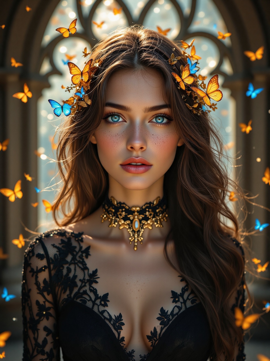 Stunning fantasy-style portrait of a young woman with long,  wavy dark brown hair adorned with golden and blue butterflies...