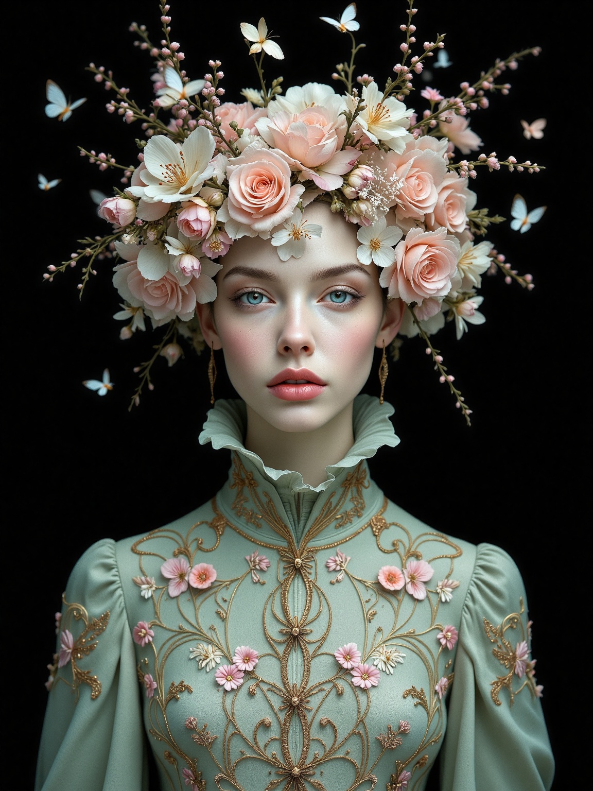 Surreal portrait of an androgynous person wearing an elegant vintage outfit with soft pastel colors. The subject's face is...