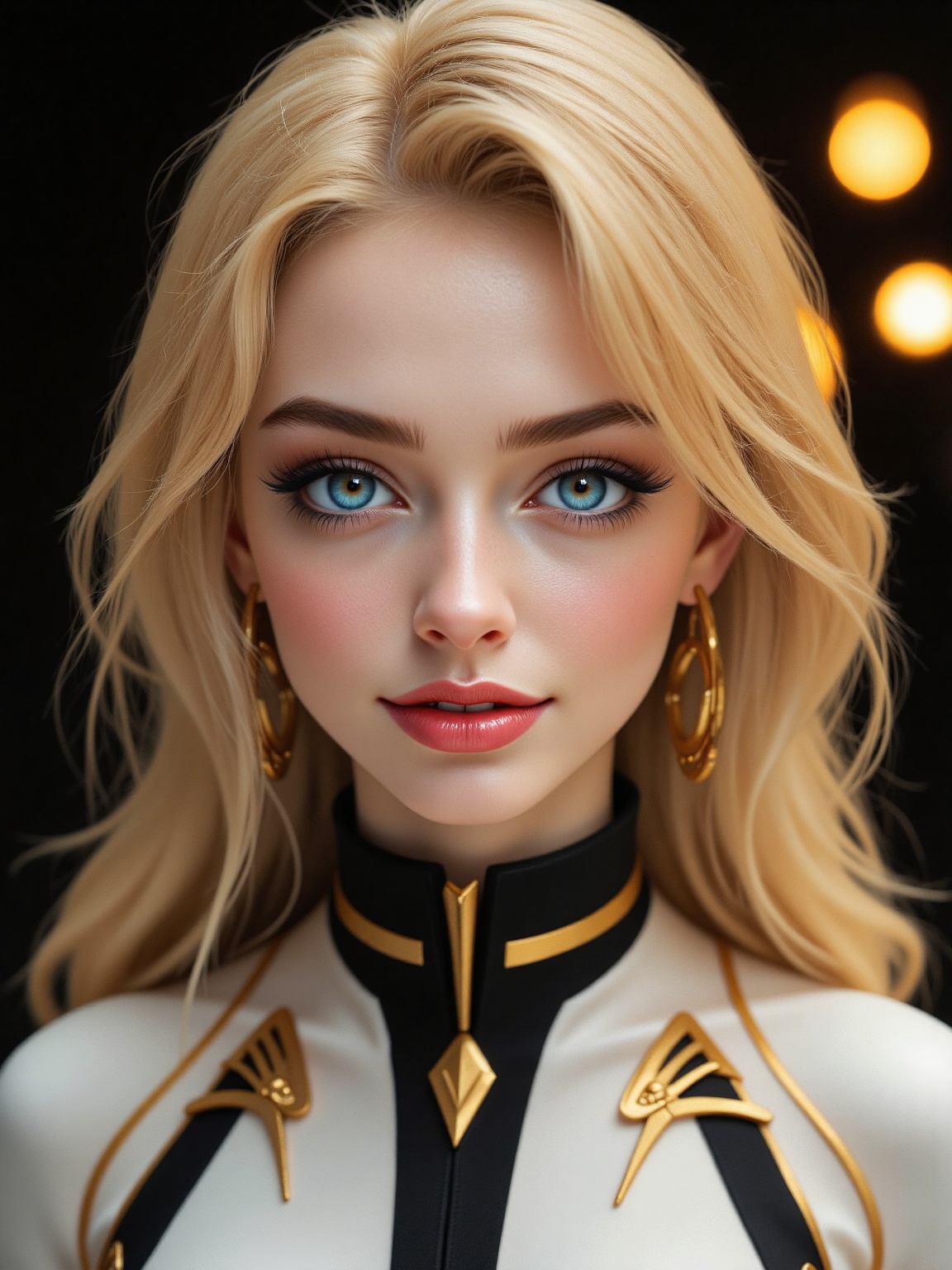 A close-up of a female character,  her blonde hair cascades over her shoulders. She is dressed in a black and white outfit...