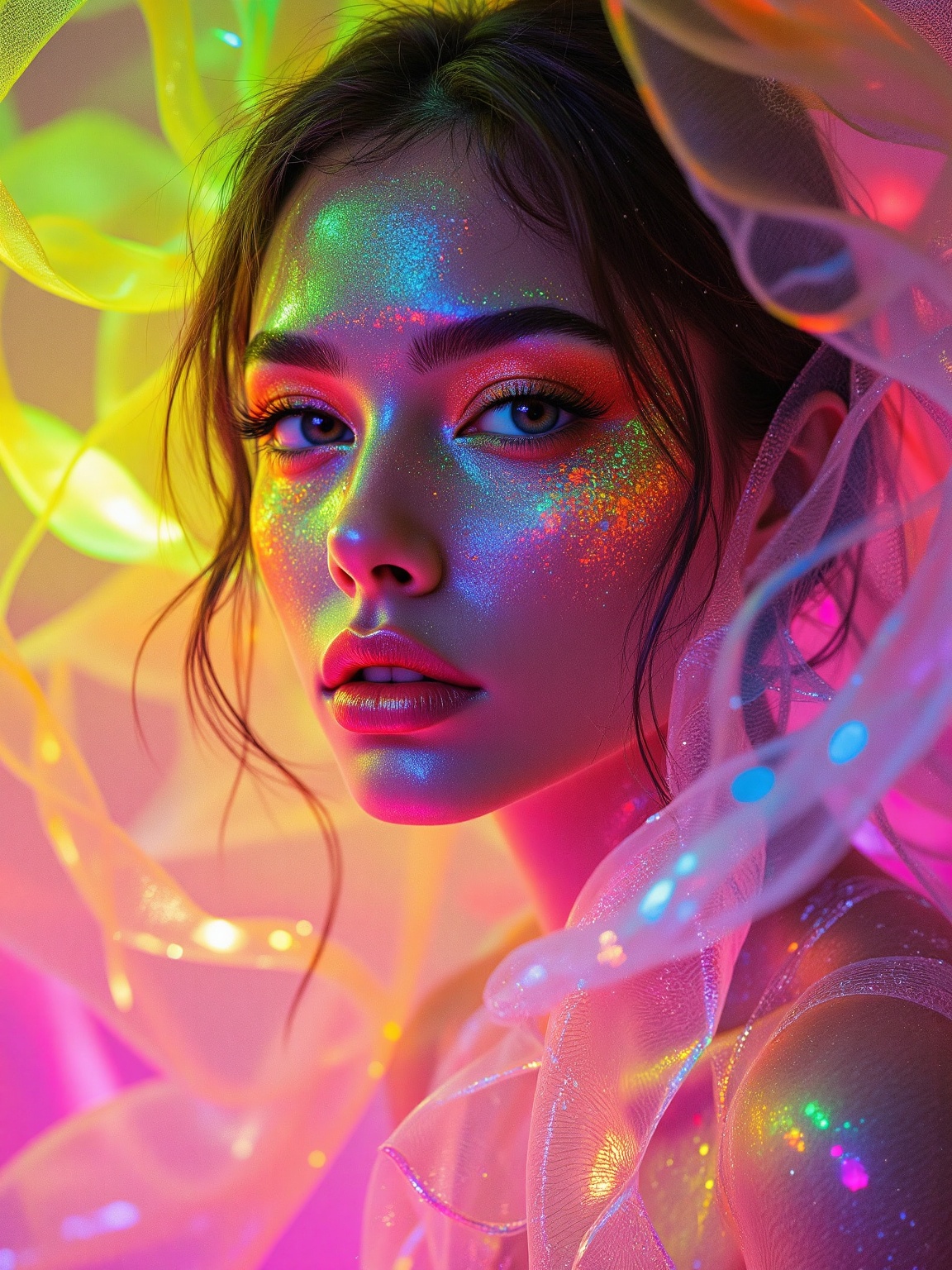 Hyper-realistic portrait of a stunning woman with glowing,  iridescent makeup in shades of neon green,  pink on Tensor.Art