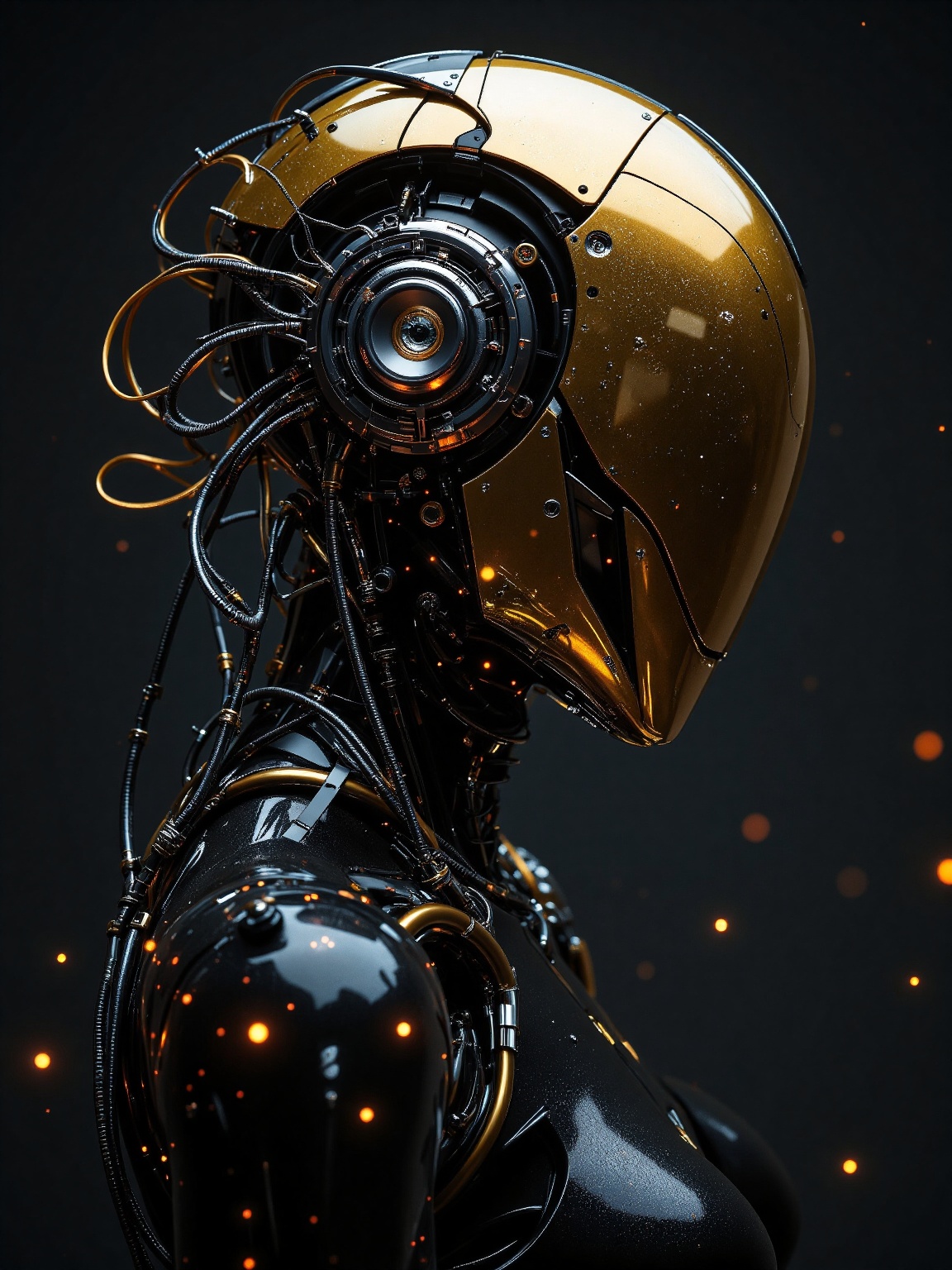 Futuristic cybernetic humanoid with a sleek,  glossy black body and intricate mechanical details. The head features a refl...