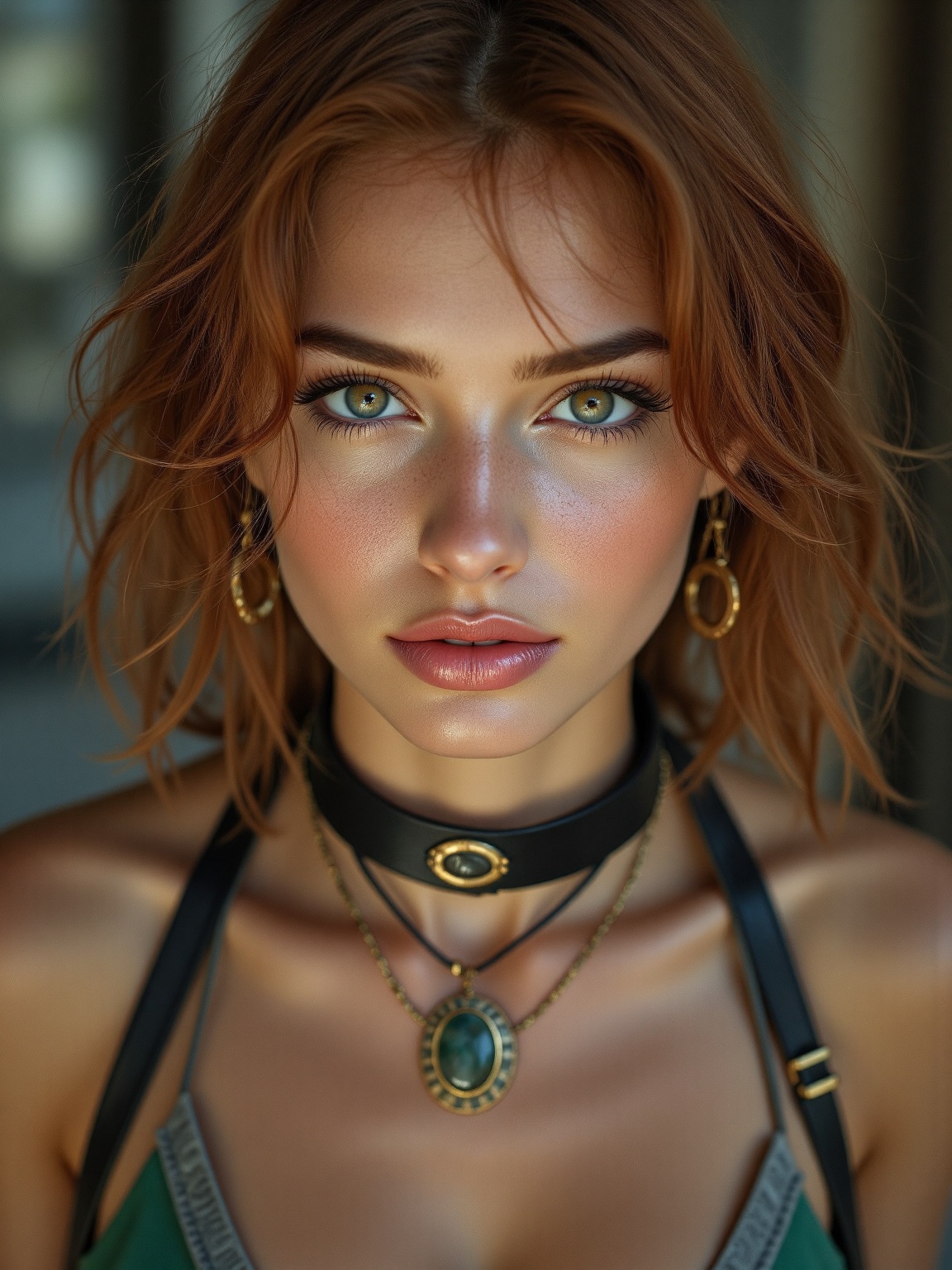 A high-angle closeup shot of a very attractive young woman's medium-sized shoulder-length hair,  framing her face and casc...