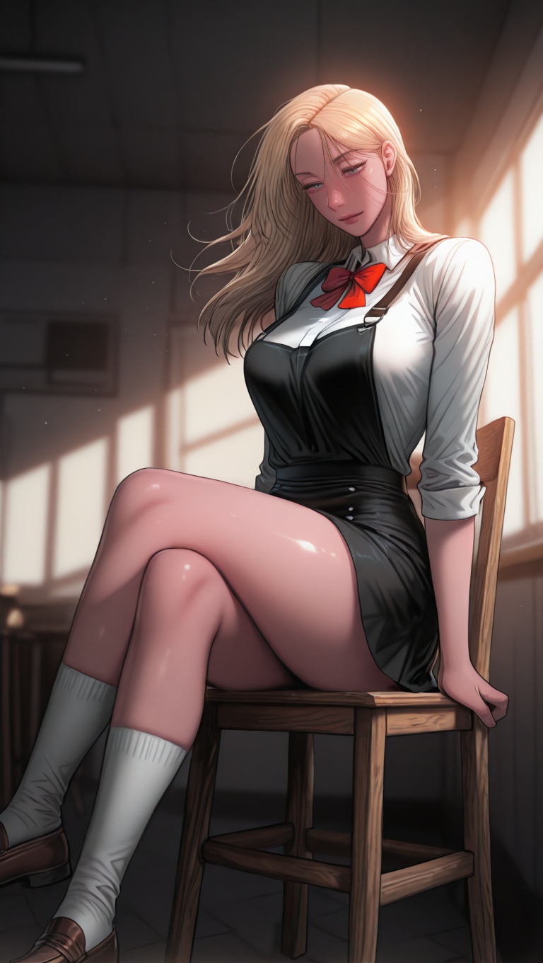 The image depicts a young woman with blonde hair sitting on a wooden chair. She is wearing a white shirt with a red bow ti...