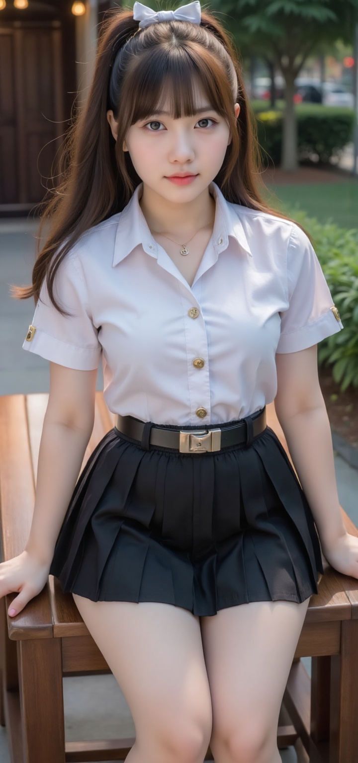 A high-resolution photo of an 17-year-old female Thai schoolgirl,  shot from above. She has very pale and pink skin,  long...