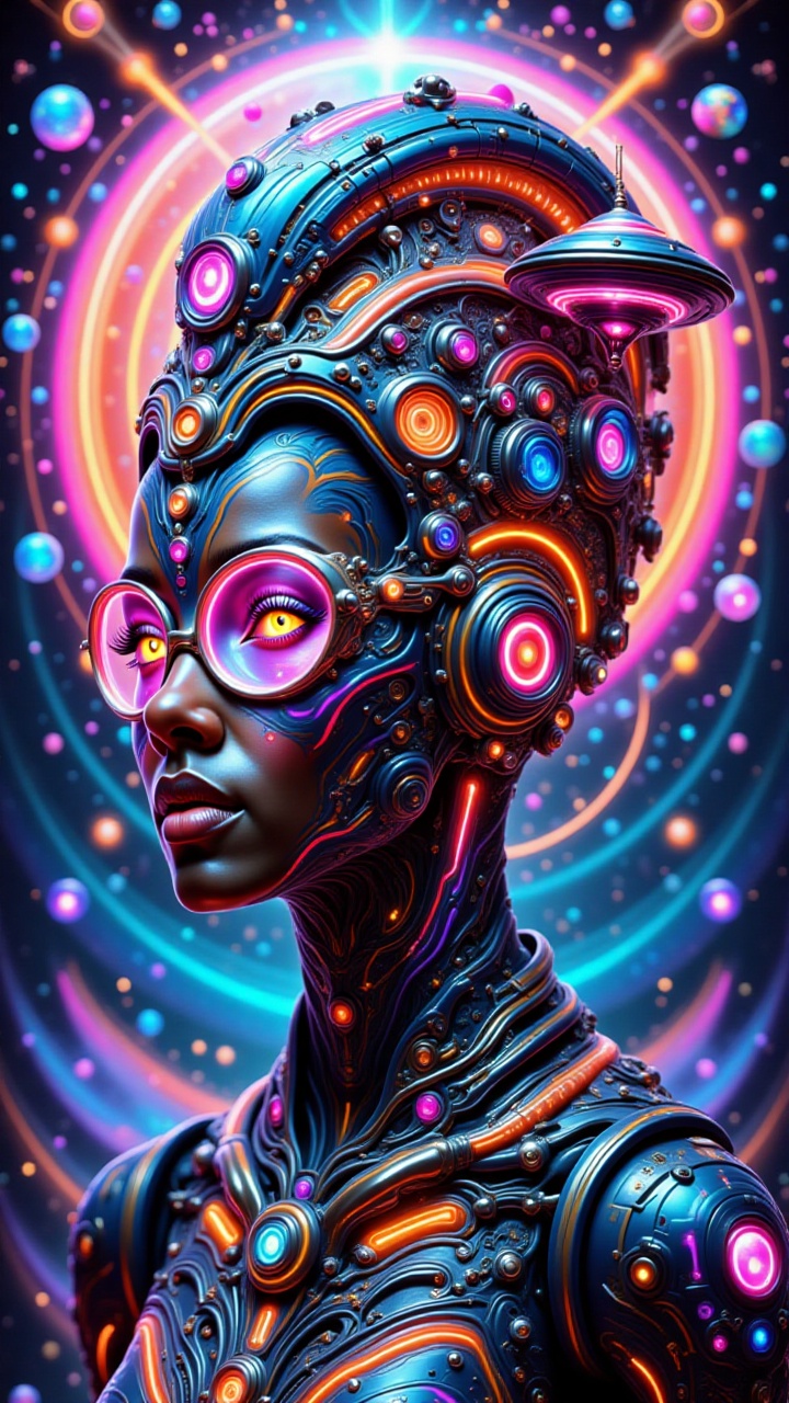 A mesmerizing half-body portrait of a Black woman in an Afrofuturism and psychedelic art style. intricate sci-fi patterns,...
