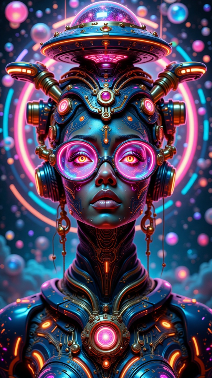 A mesmerizing half-body portrait of a Black woman in an Afrofuturism and psychedelic art style. intricate sci-fi patterns,...
