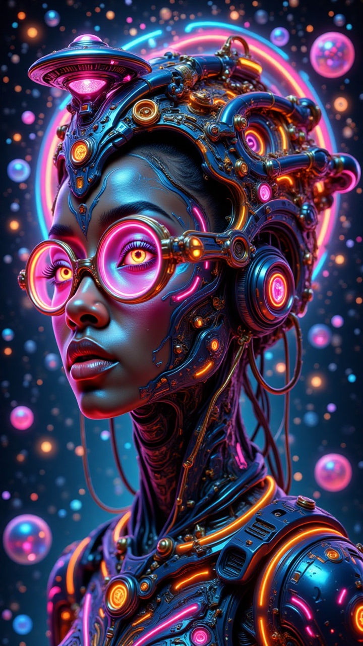 A mesmerizing half-body portrait of a Black woman in an Afrofuturism and psychedelic art style. intricate sci-fi patterns,...