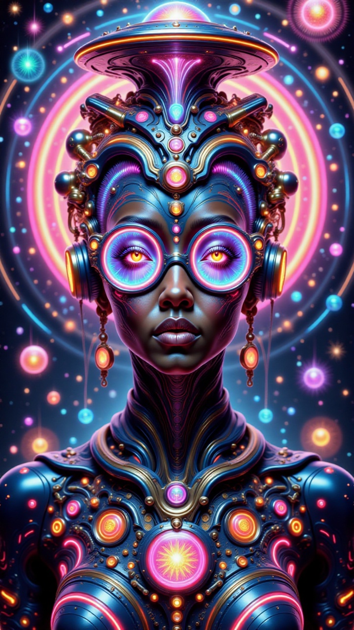 A mesmerizing half-body portrait of a Black woman in an Afrofuturism and psychedelic art style,  facing the viewer. intric...