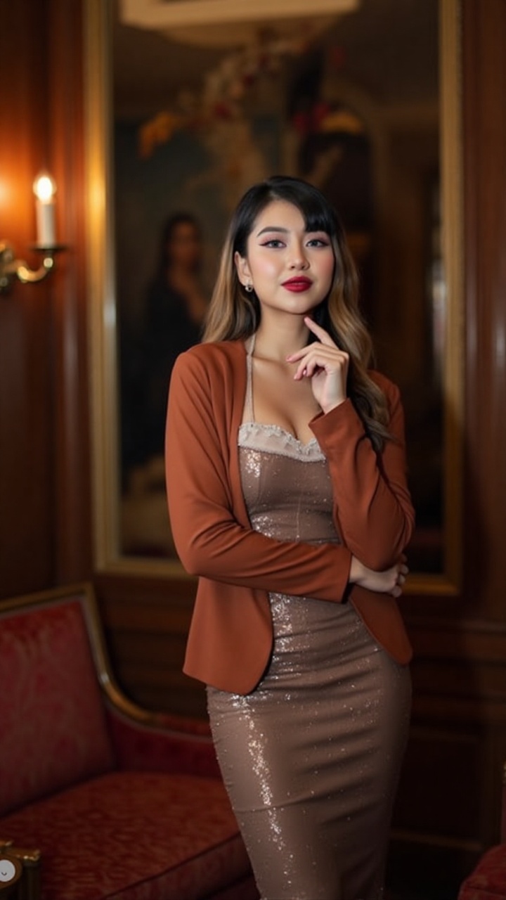 A half-body portrait of a beautiful female artist posing confidently in an elegantly designed room. She wears a stylish an...