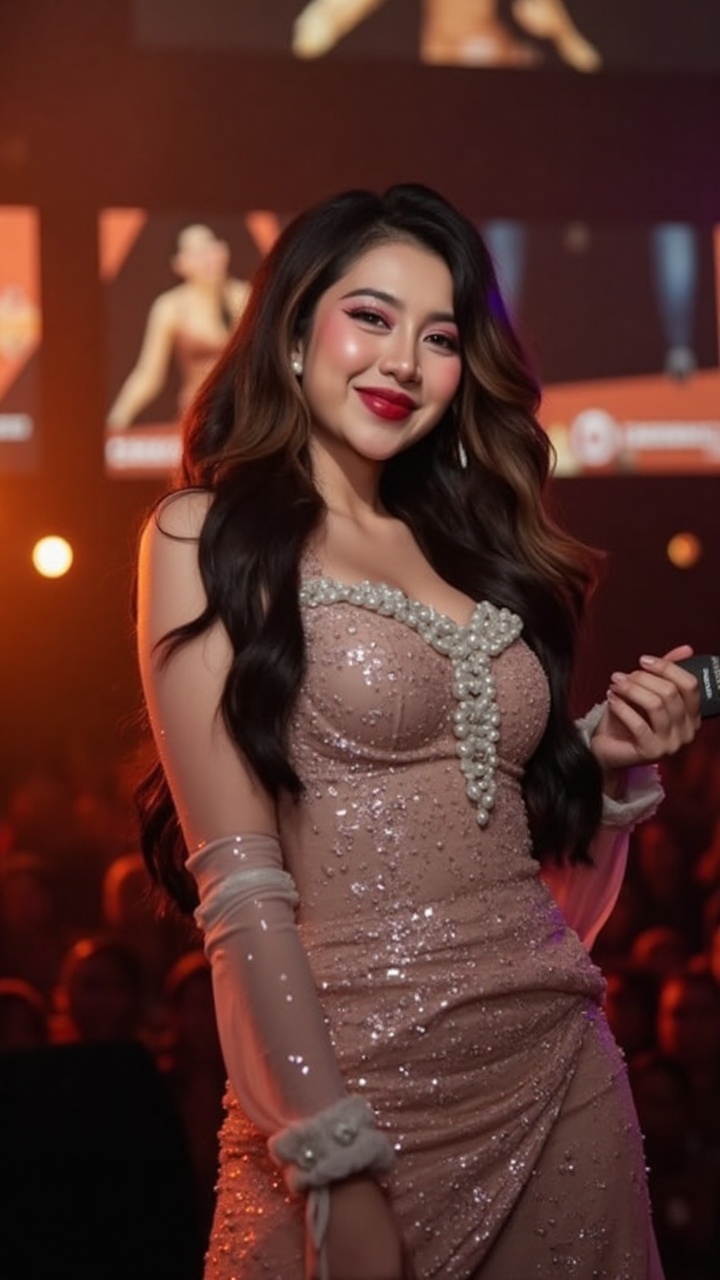 A half-body portrait of a stunning female artist posing on stage during a live concert. She wears a glamorous,  shimmering...