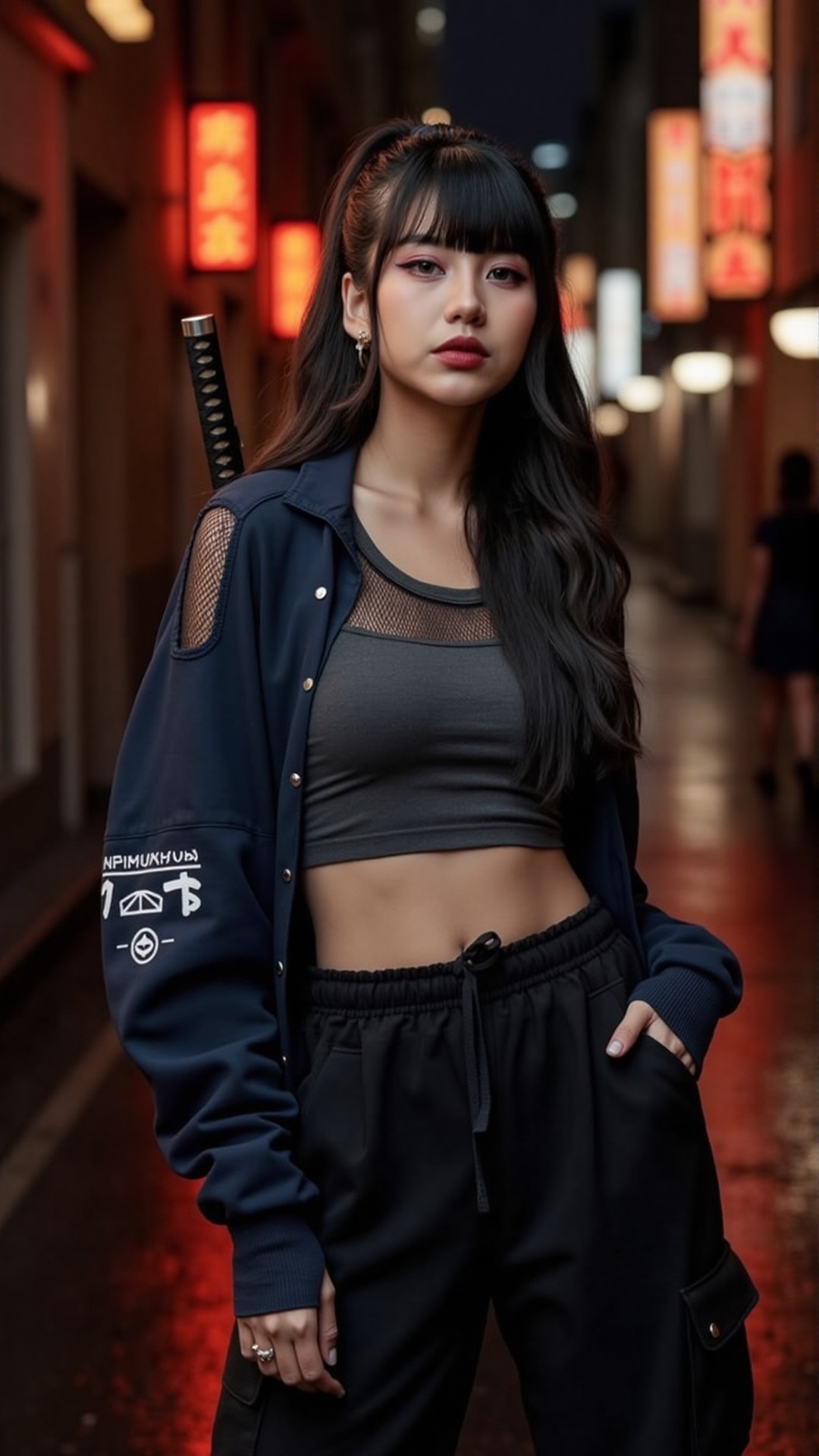 Realistic portrait of a young white woman with long,  straight black hair in a half-up ponytail. Her light olive skin has...