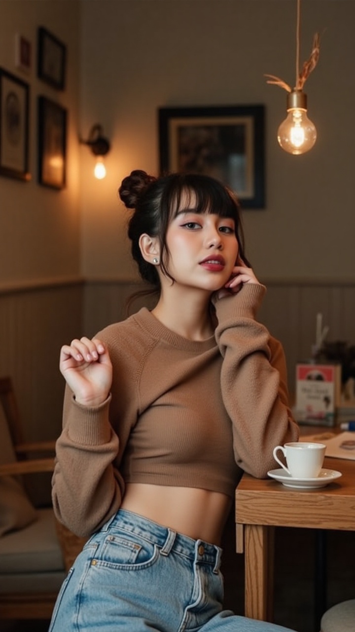 A half-body portrait of a young female artist posing casually in a cozy,  modern room. She wears a relaxed yet stylish out...