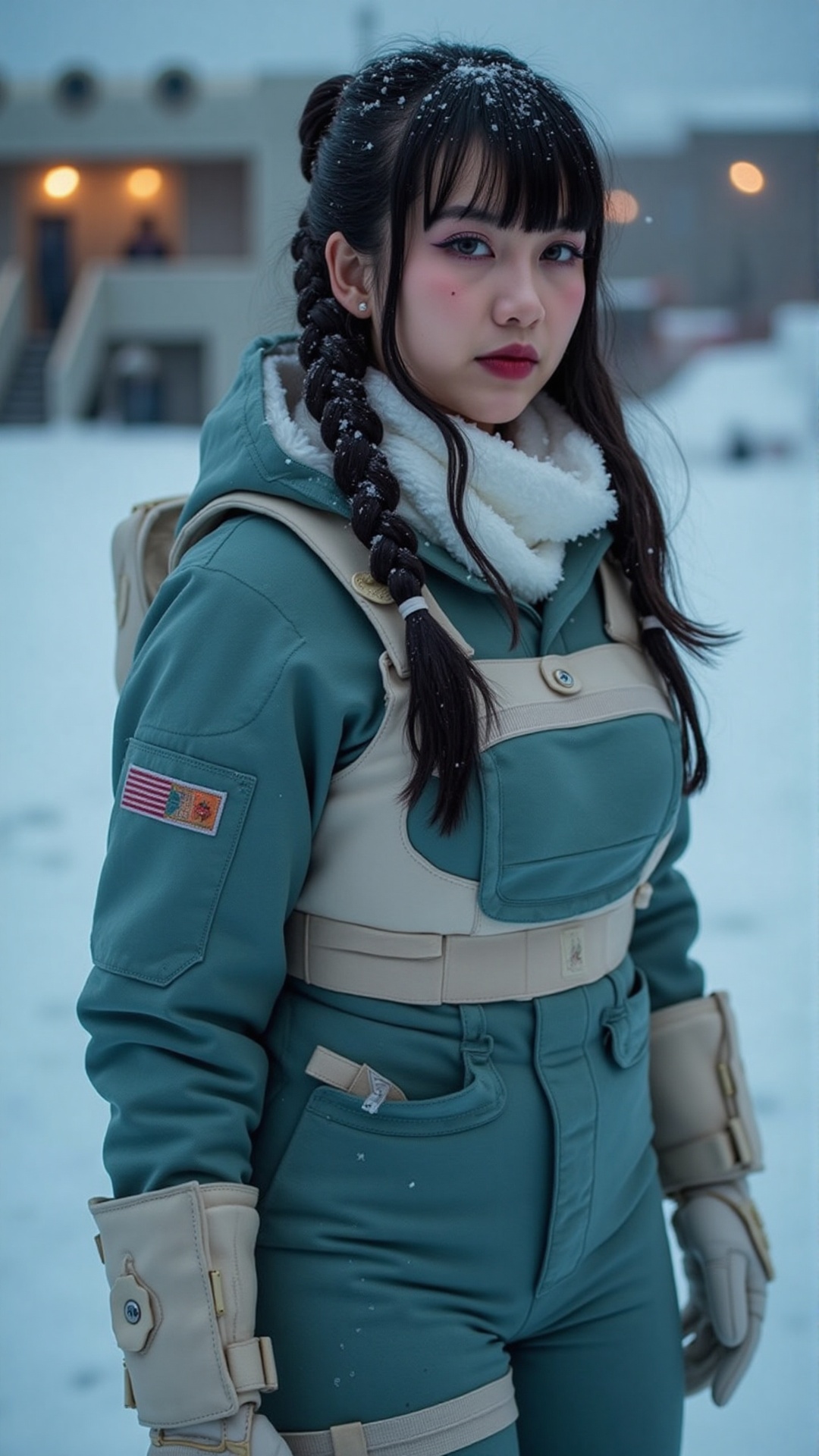 Realistic portrait of a white young woman with long black hair tied in a thick,  low braid,  with ice crystals caught in t...