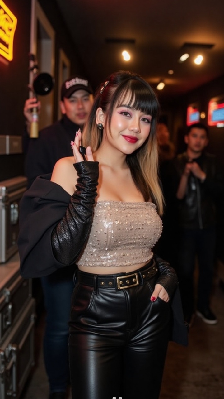 A famous female artist poses backstage after an electrifying concert. She wears a stylish sequined crop top,  high-waisted...