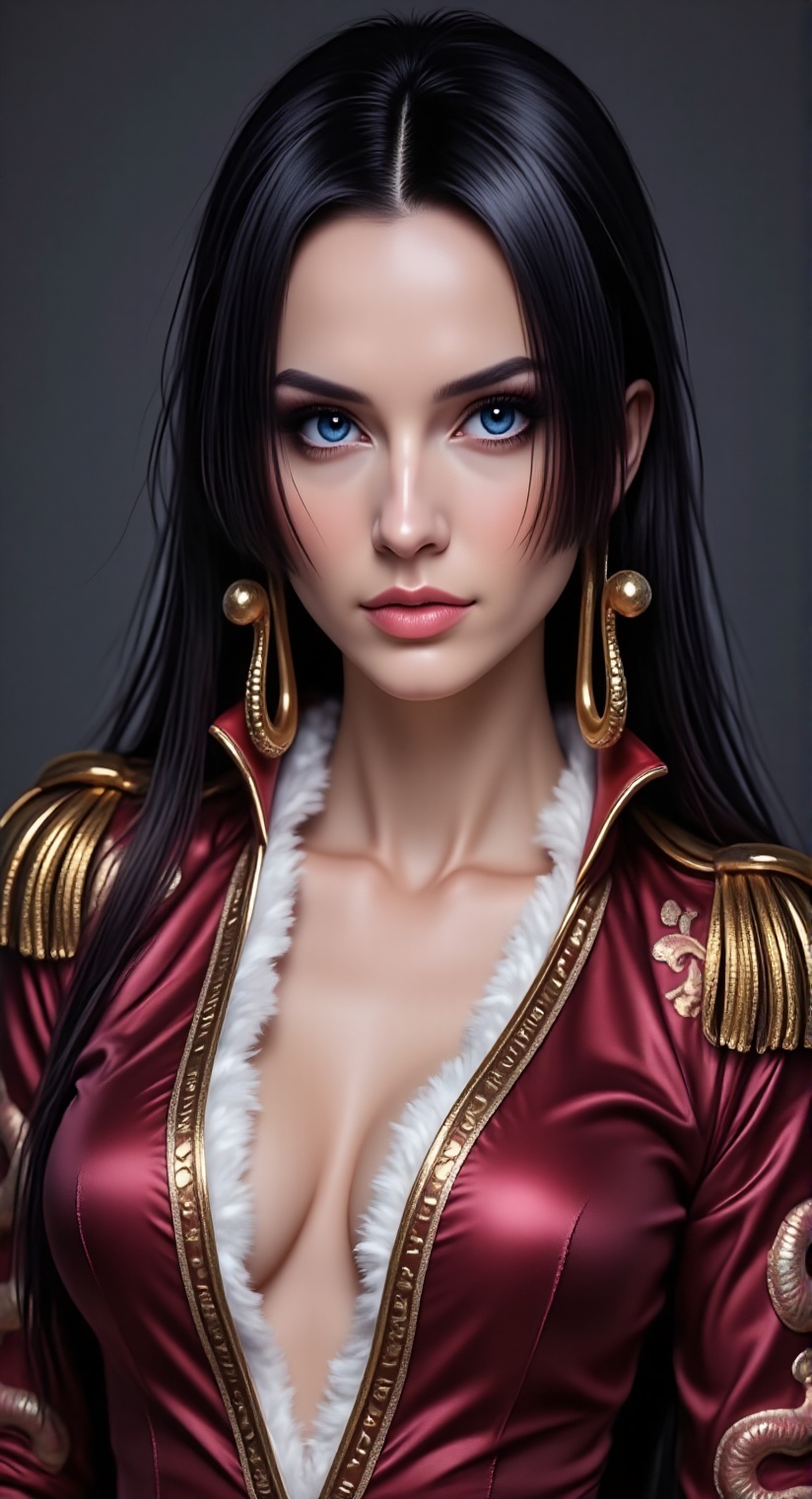 A highly detailed and realistic studio portrait of a stunning woman resembling Boa Hancock,  captured from the chest up. S...
