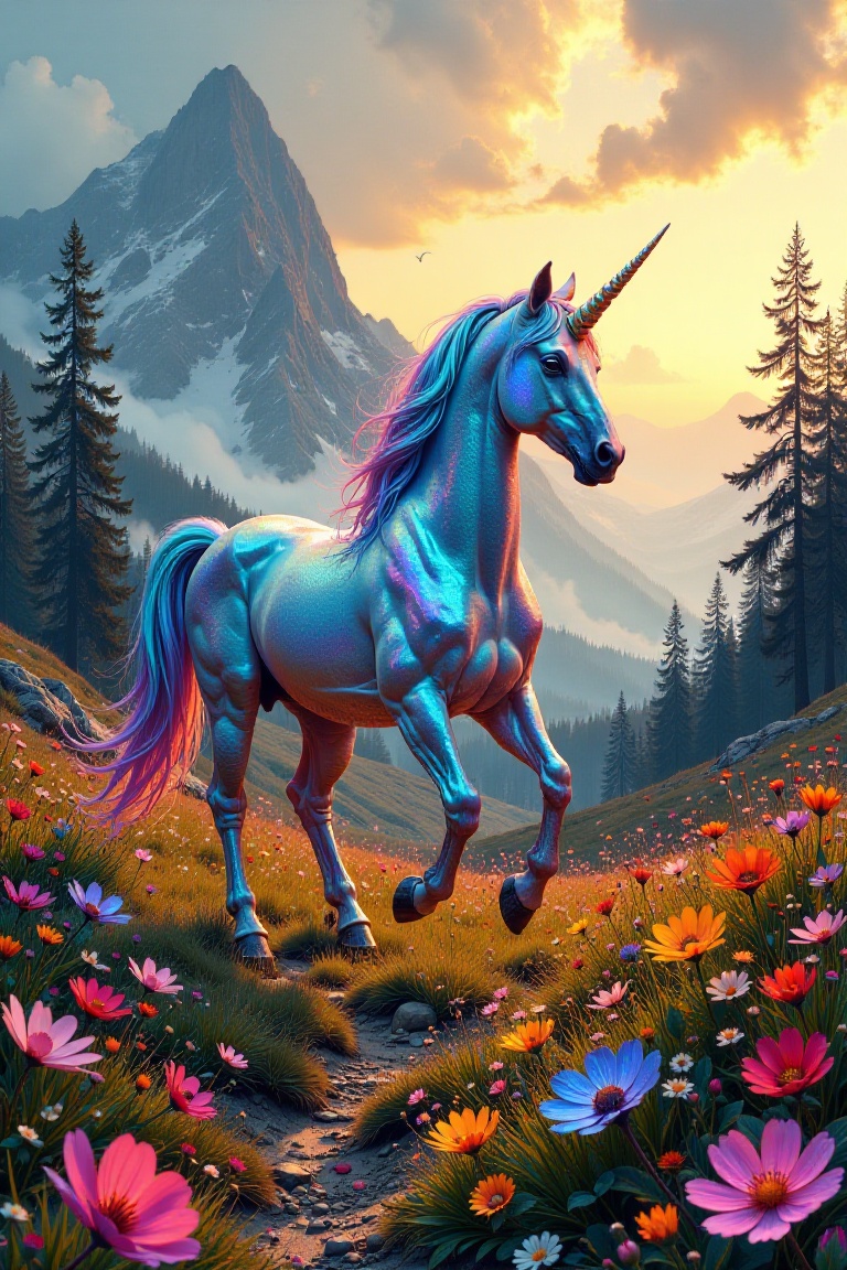 Depict a vibrant,  magical unicorn with a shimmering,  rainbow-colored mane and tail as it gracefully walks through a deso...