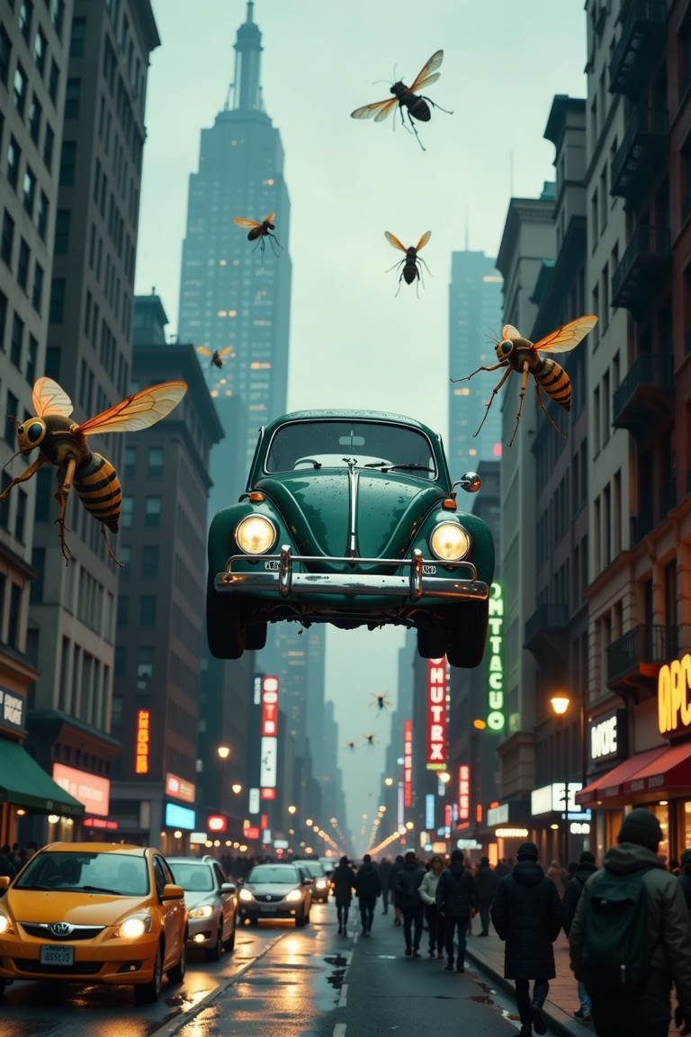A deep green vintage Volkswagen Beetle magically flying mid-air,  surrounded by towering buildings in a foggy cityscape. C...