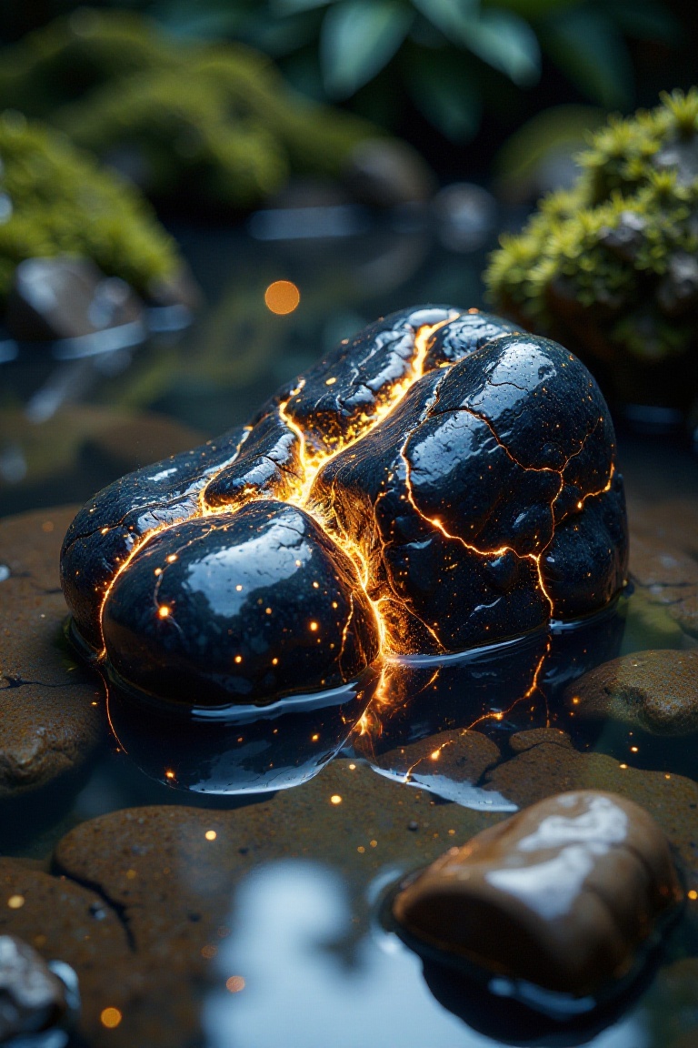 A smooth jet black rock with shiny gold veins lay half submerged in a still magical water pond. The gold veins glow magica...