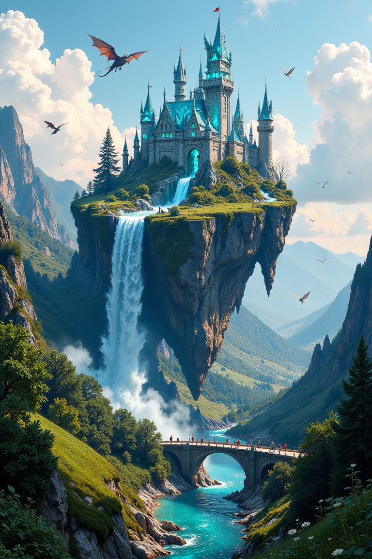 Hyper-realistic scene of a castle and island in the sky,  large castle made of electric blue translucent crystal on an isl...