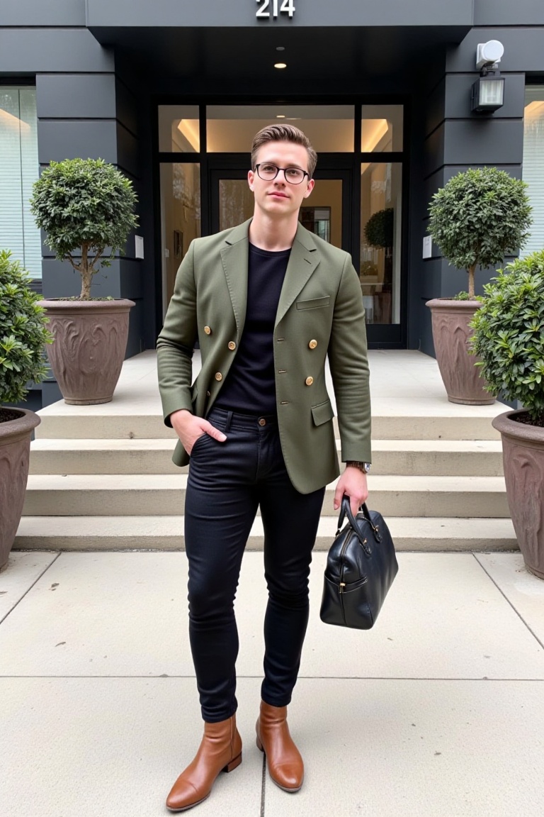 The image shows a man standing on a sidewalk in front of a building. He is dressed in a stylish outfit consisting of a gre...