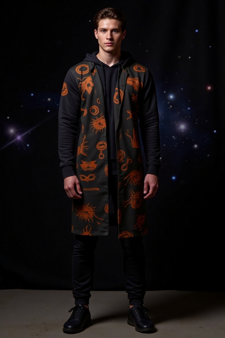 The image depicts a person standing against a dark background with a subtle starry effect. The individual is wearing a lon...