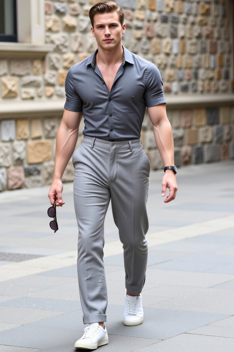 The image shows a person walking outdoors on a paved area. The individual is wearing a gray,  short-sleeved button-up shir...