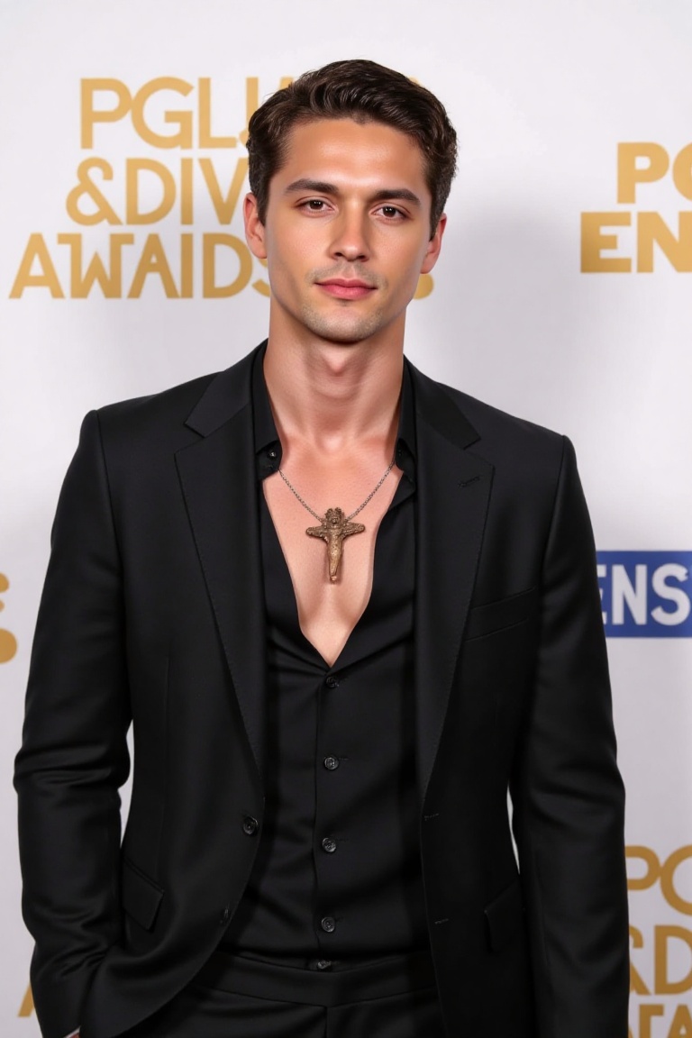 The image shows a person standing against a backdrop featuring logos and text. The individual is wearing a black suit with...
