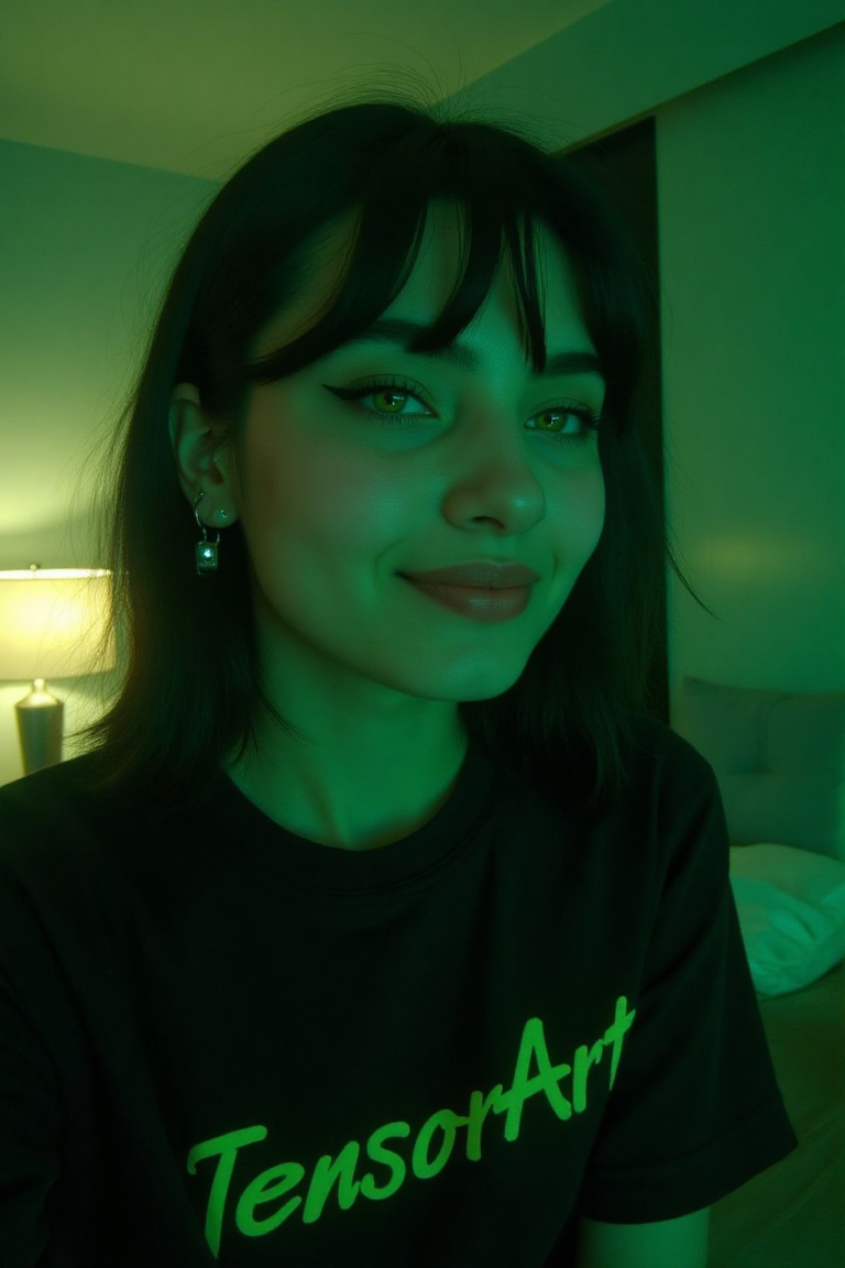 big nose emo with green eyes and big black bangs and big gauge in one ear and an earring in the other taking a selfie smil...