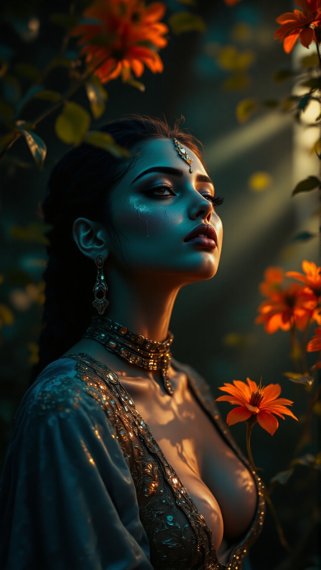 Low angle shot:2,  ((Shot navel to Head)),  ((low angle shot)) A gorgeous woman in a modern dress that exposes her midriff...