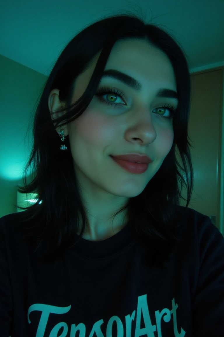 big nose emo with green eyes and big black bangs and big gauge in one ear and an earring in the other taking a selfie smil...