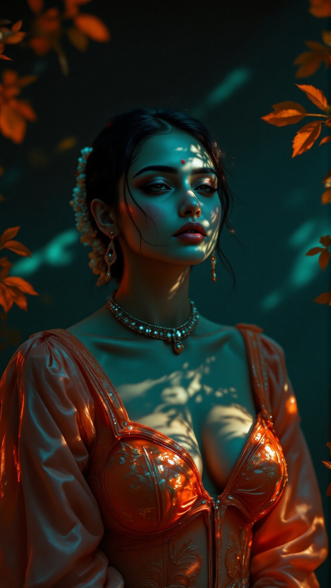 Low angle shot:2,  ((Shot navel to Head)),  ((low angle shot)) A gorgeous woman in a modern dress that exposes her midriff...