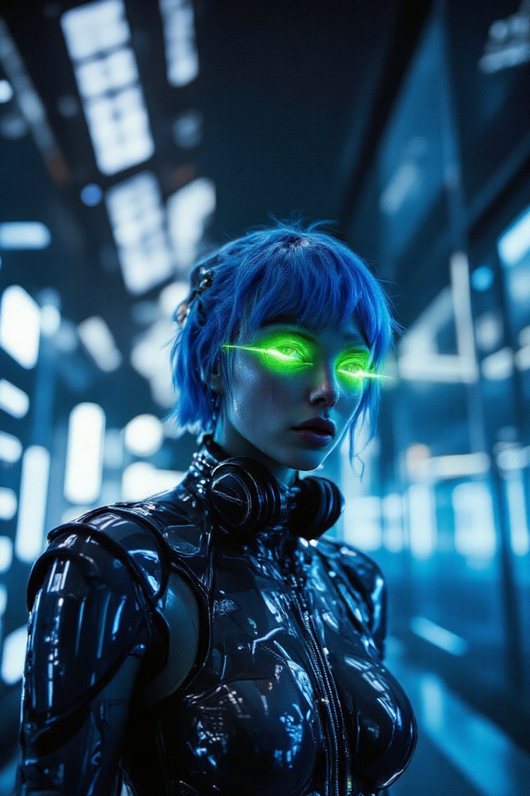 The image depicts a futuristic scene in which a beautiful woman is dressed in a sleek,  high-tech outfit that appears to b...