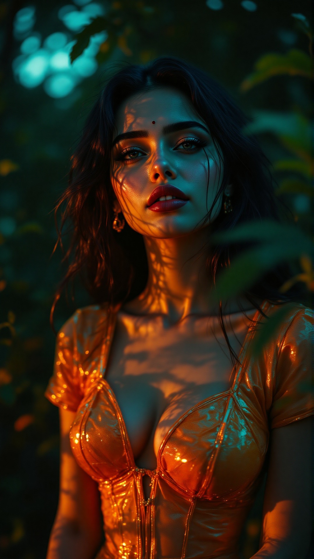 Low angle shot:2,  ((Shot navel to Head)),  ((low angle shot)) A gorgeous woman in a modern dress that exposes her midriff...