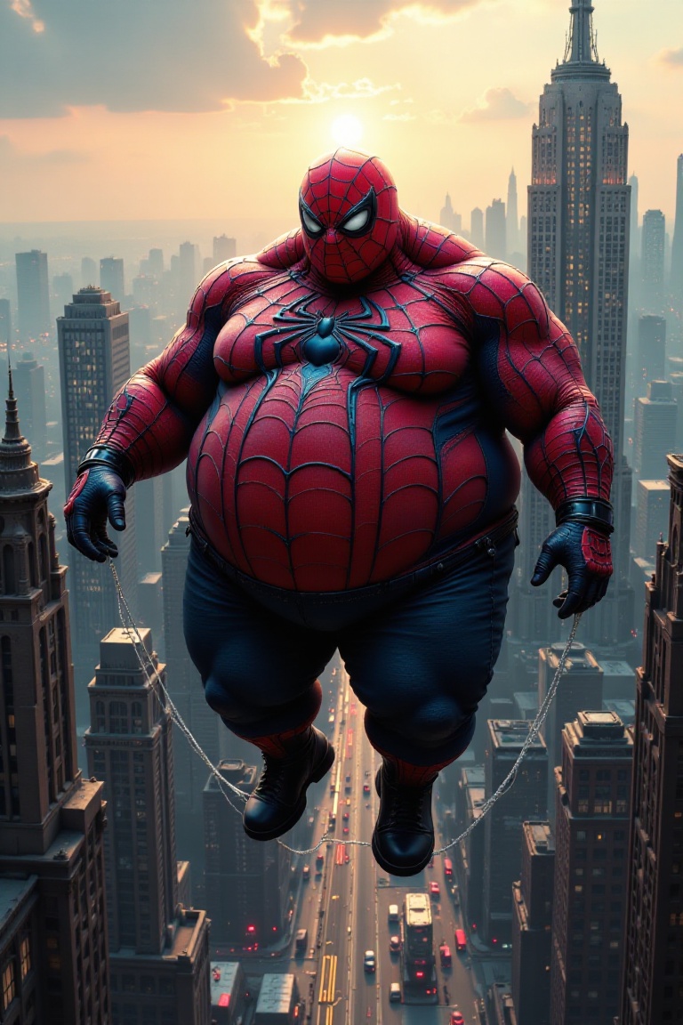 highly detailed digital artwork depicting an obese version of Spider-Man,  a superhero from Marvel Comics. The character i...