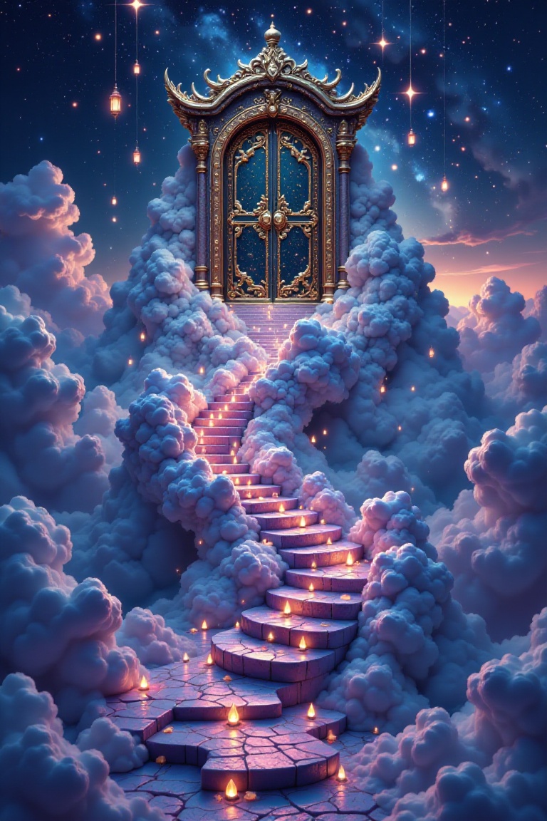 In a surreal landscape where the ground is a patchwork of glowing tiles and the sky is a gradient of twilight hues,  a sta...
