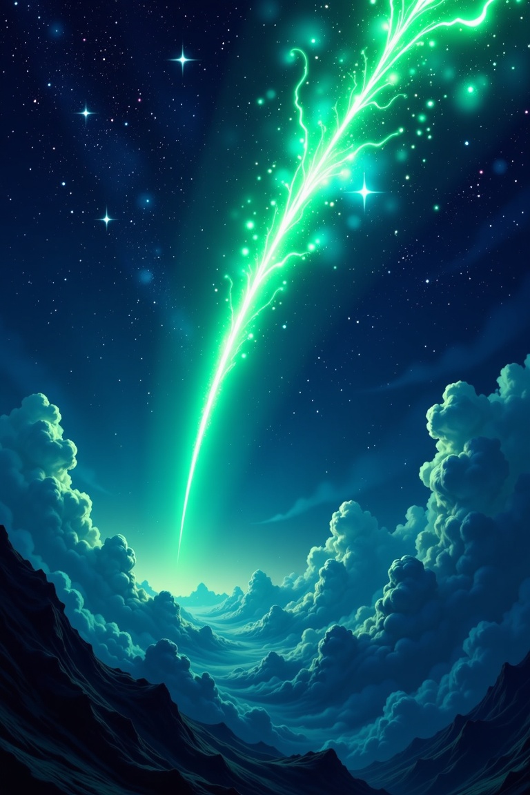 A fantasy world anime skyscape viewed from below during a dark night. The composition features a clear nightsky filled wit...