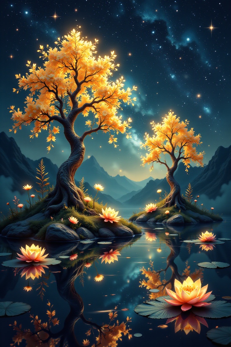 A surreal,  dreamlike landscape featuring two glowing,  ethereal trees with delicate on Tensor.Art