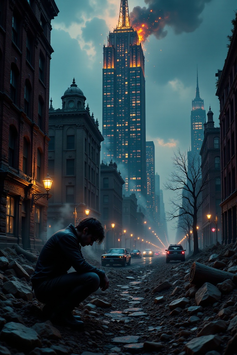 Create a photograph depicting an abandoned cityscape in the aftermath of some cataclysmic event. The scene should evoke ep...