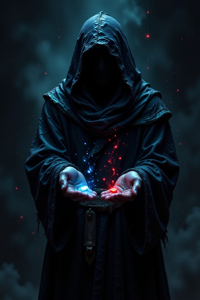 digital artwork featuring a mysterious,  hooded figure against a dark,  moody background. The figure is draped in a long o...