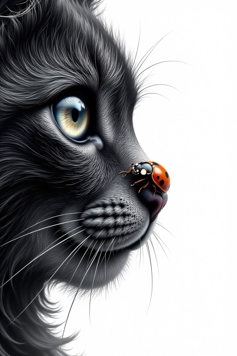 highly detailed,  black and white drawing of a cat's face and a ladybug,  rendered in a realistic style. The cat's face oc...